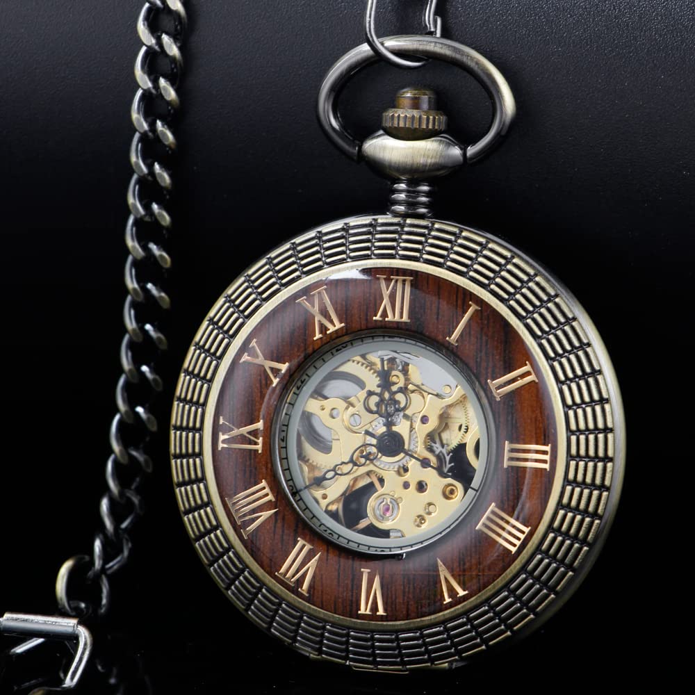 Tiong Montre de poche mécanique en bois de cuivre élégant avec cadran ouvert pour homme avec boîte à chaîne