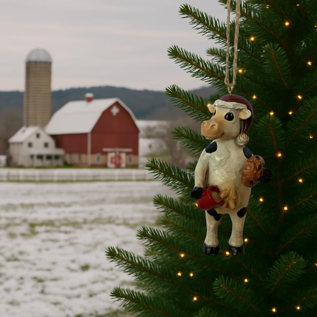 Bella Haus Christmas Shoppe Milk n’ Cookies Cow Christmas Tree Ornament | Milk & Cookies Farm Figurine | 3.75 inch Funny Animal Holiday Décor