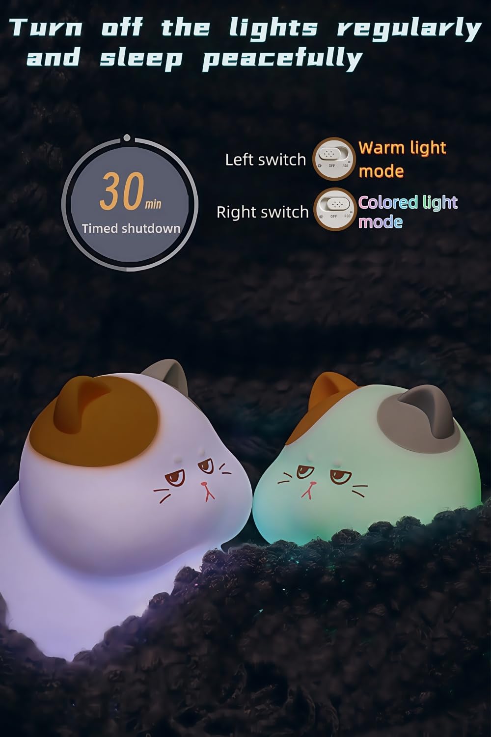 aibitu Cute Cat Silicone Night Light with 3 Brightness Levels, 6 Color Changing Modes, 30-Min Auto Off & Tap Control, Soft Bedside Lamp for Nursery Kids Room Bedroom Decor