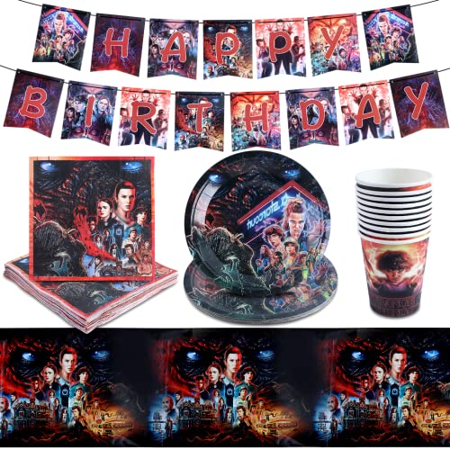 StrangerThing Vaisselle Anniversaire, StrangerThing Deco Assiette, StrangerThing Gobelet Carton, StrangerThing Nappe Rectangulaire, Serviette De Table, Banniere Décoration Anniversaire