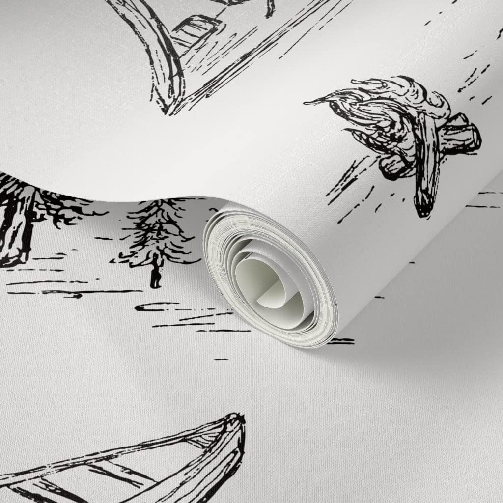 Peel & Stick Wallpaper 3ft x 2ft - Lake Life Black White Forest Theme Trees Woods Toile Camping Custom Removable Wallpaper by Spoonflower