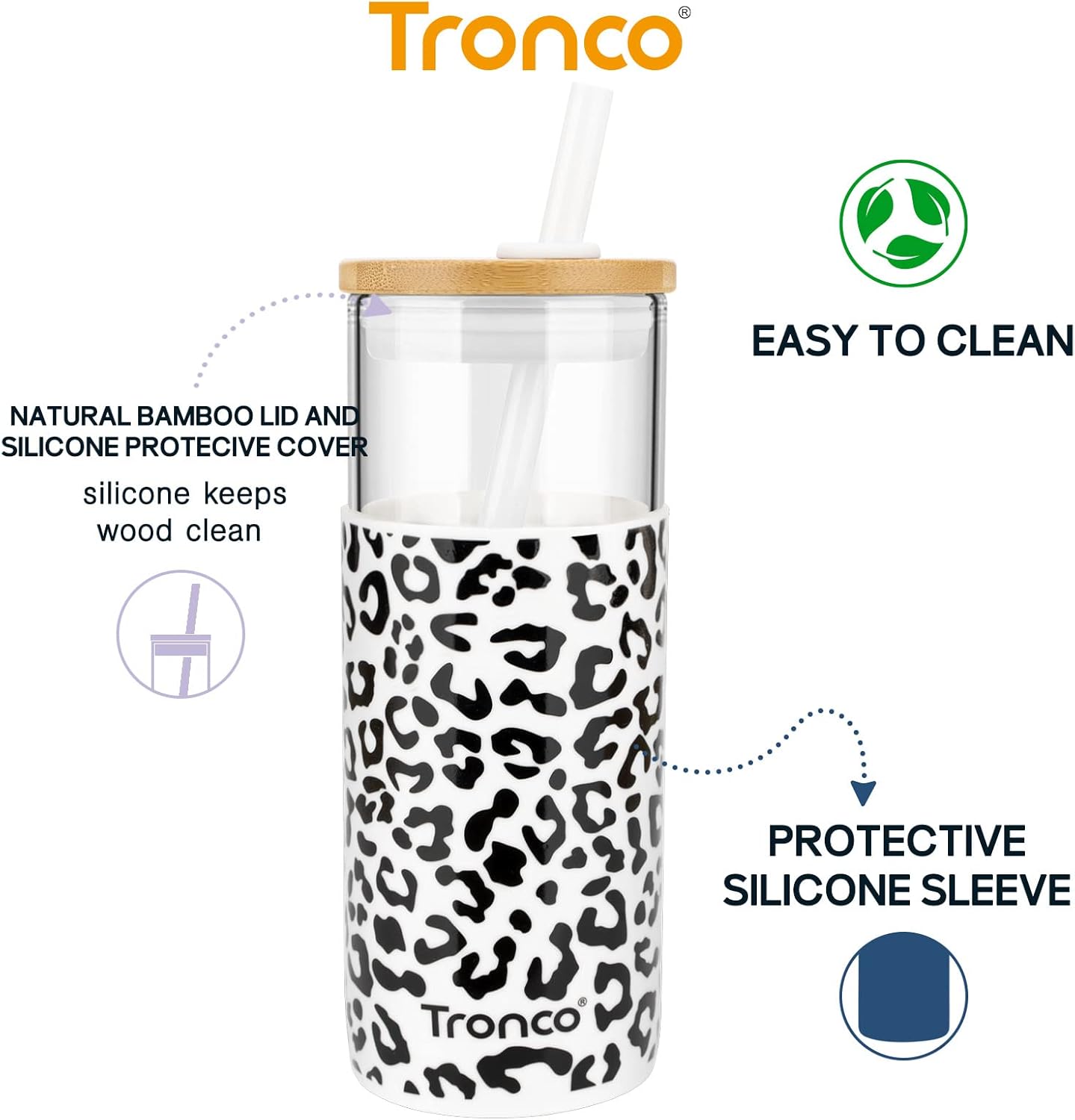 Tronco 20 oz Glass Tumbler with Lid and Straw, Iced Coffee Cup and Smoothie Cup with Bamboo Lids & Protective Silicone Sleeve, Dishwasher Safe, BPA-Free, Glass Cup 1 Pack - Image 3