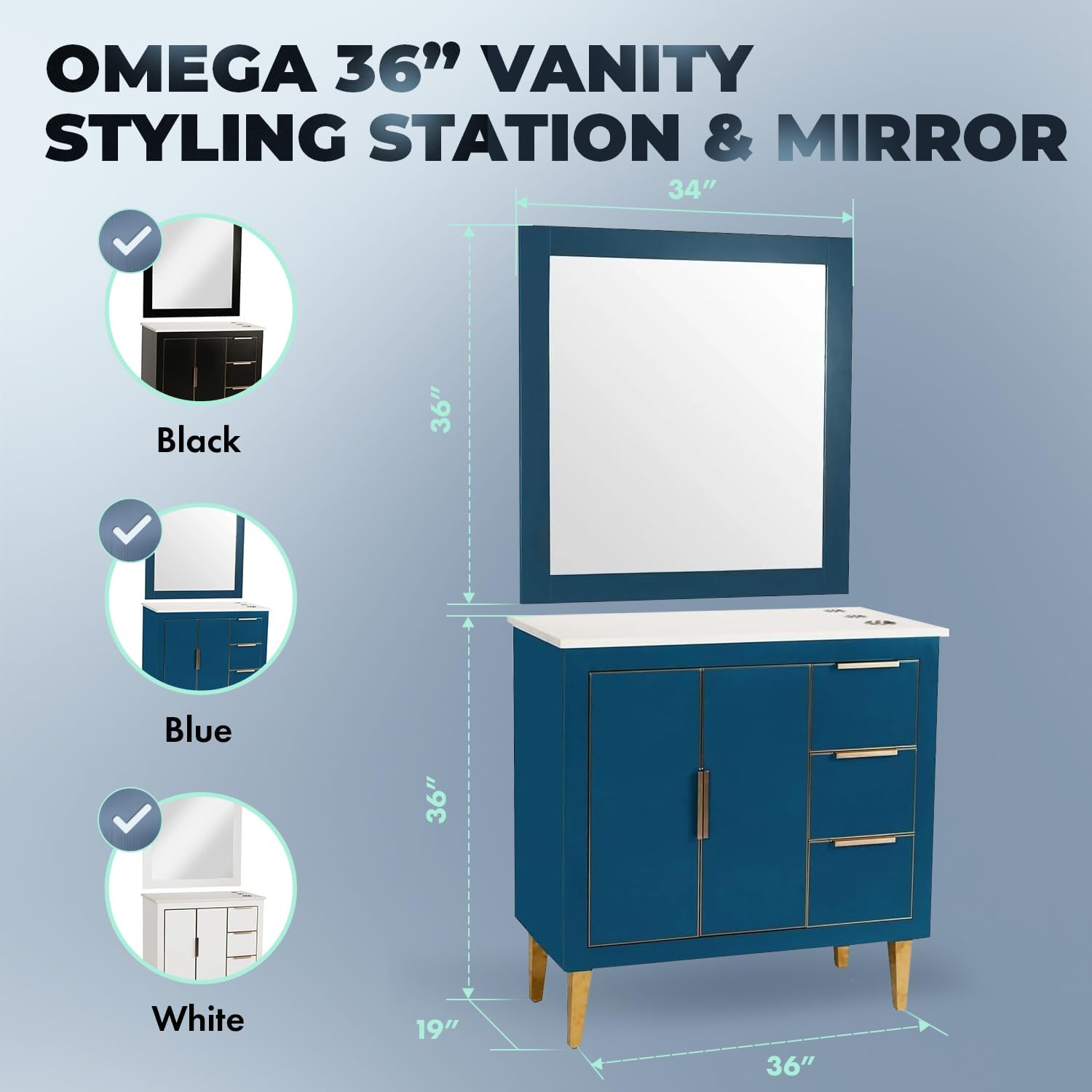 Buy-Rite Omega 36” Blue Vanity Styling Station & 34”x36” Mirror - Quartz Countertop, Gold Trim, Brass Legs, Solid Wood, Appliance Holders, Assembled Salon Cabinet, HMD-1833-36-BLU
