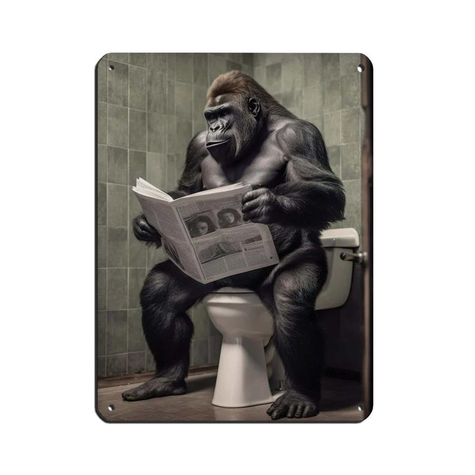 Lxwnze 30L X 40W Cm Gorilla Sitting On The Toilet Reading A Newspaper (3) Retro Poster Metal Tin Sign Chic Art Retro Iron Painting Bar People Cave Cafe Family Garage Poster Wall Decoration 12X16inch(30X40cm)