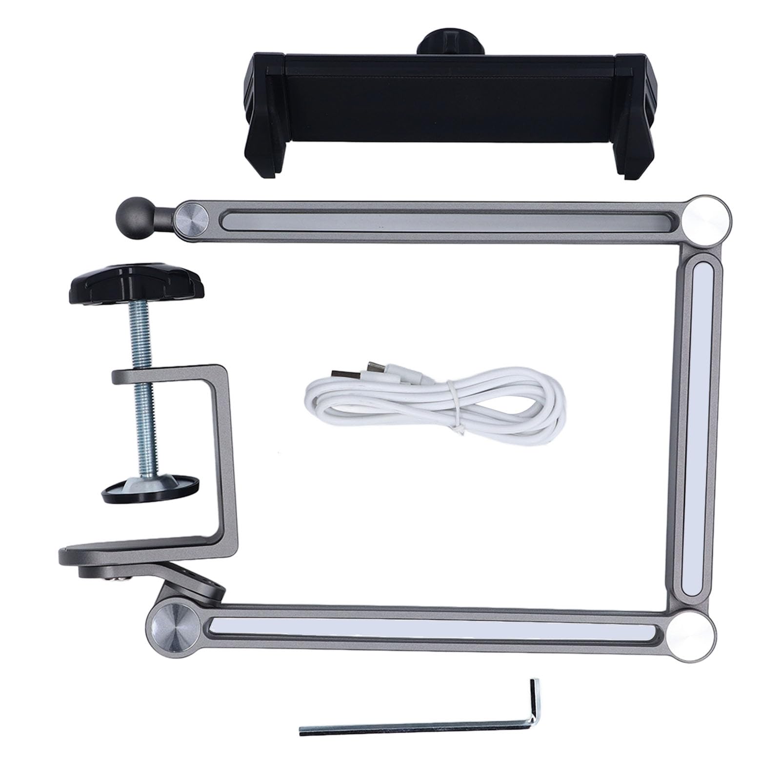 Naroote Supporto per Telefono con Supporto per Tablet, per Telefono con Rotazione a 360° con Morsetto, Braccio Lungo e Luce Regolabile, Design Portatile Pieghevole, Ideale per Scrivania e Letto (GRAY)