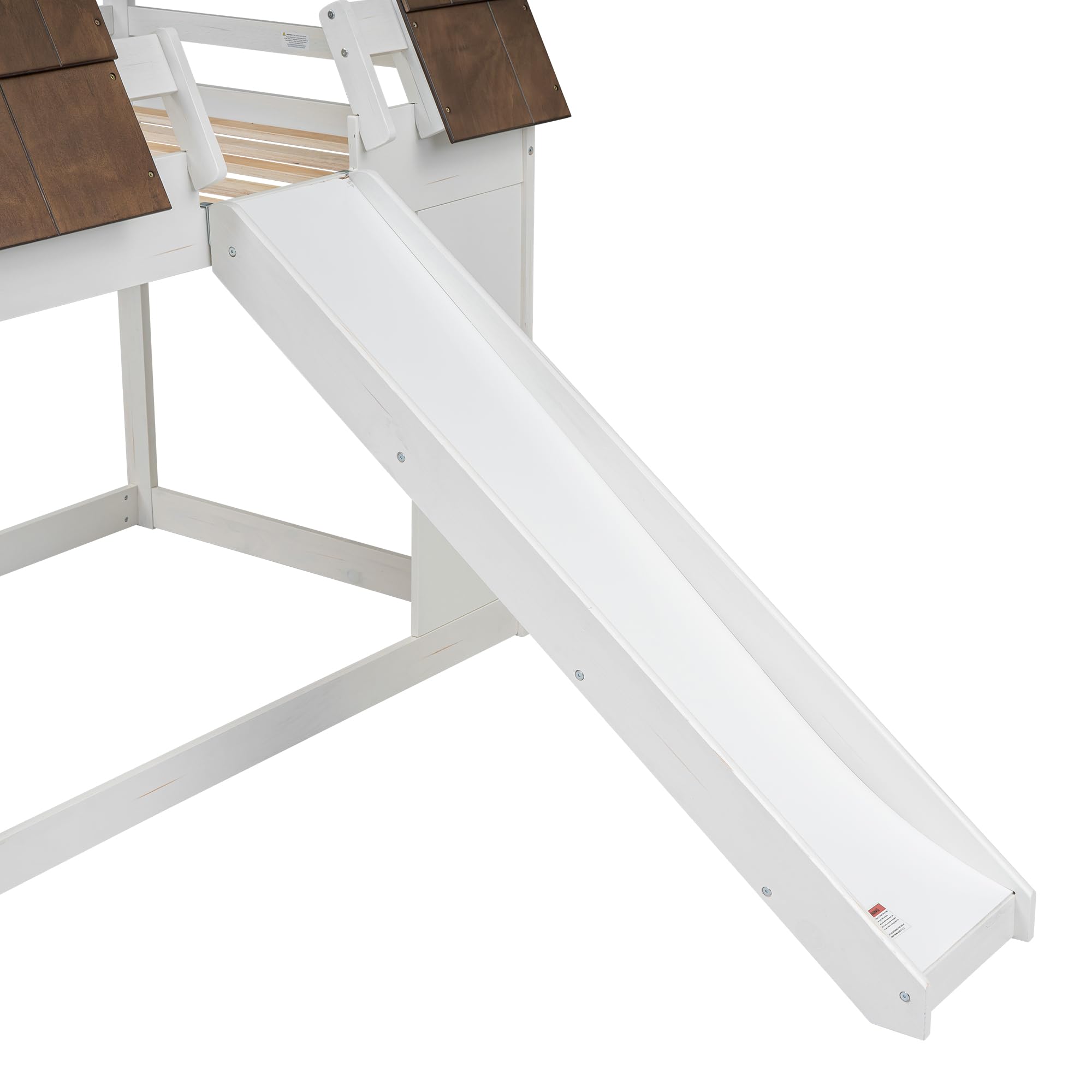 Merax Twin Over Twin House Bunk Bed Frame with Roof,Window,Ladder and Slide for Boys Girls, White & Brown