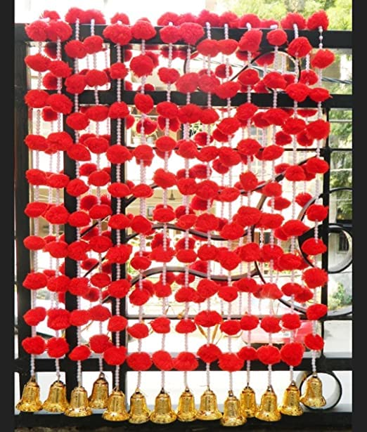 Sellplus Handmade Wall Door 5 ft.Strings Hanging Pom Pom Torans Garland Bandhwar with Golden Bells Decoration Item for Home Décor Diwali Festival,Navratri,Wedding (5 FT 6 Strings) 4
