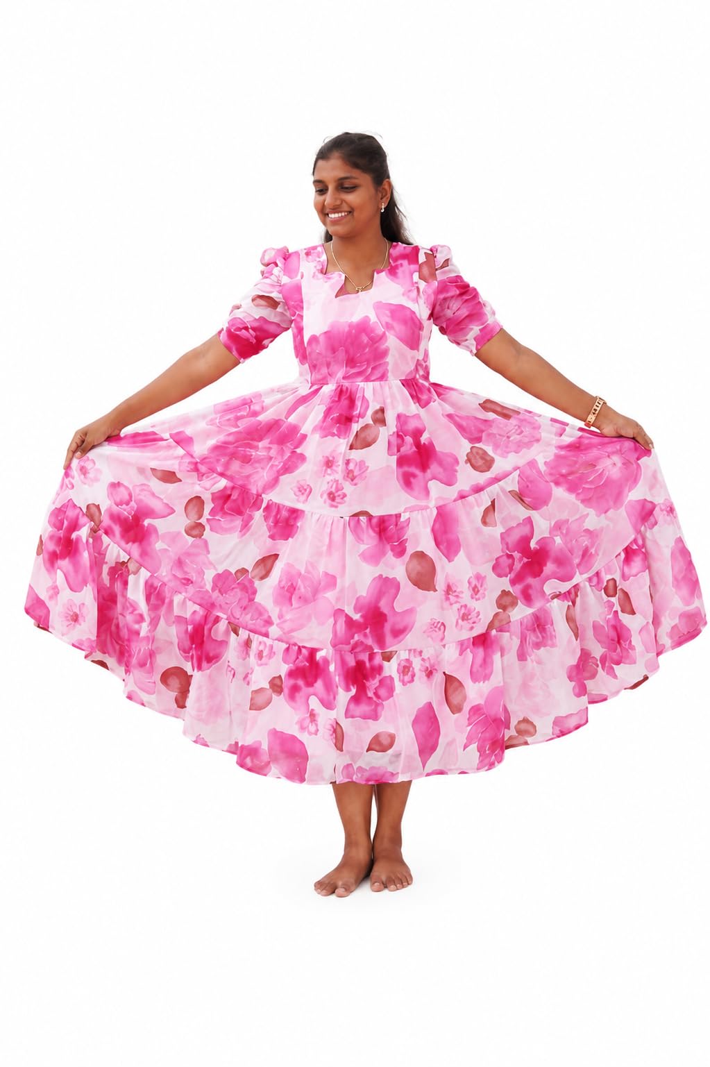Women Floral Feeding Maxi Dress | Georgette 3 Tier Umbrella Gown | Puff Sleeve | Side Pocket | Back Knot | Full Lining-image-42