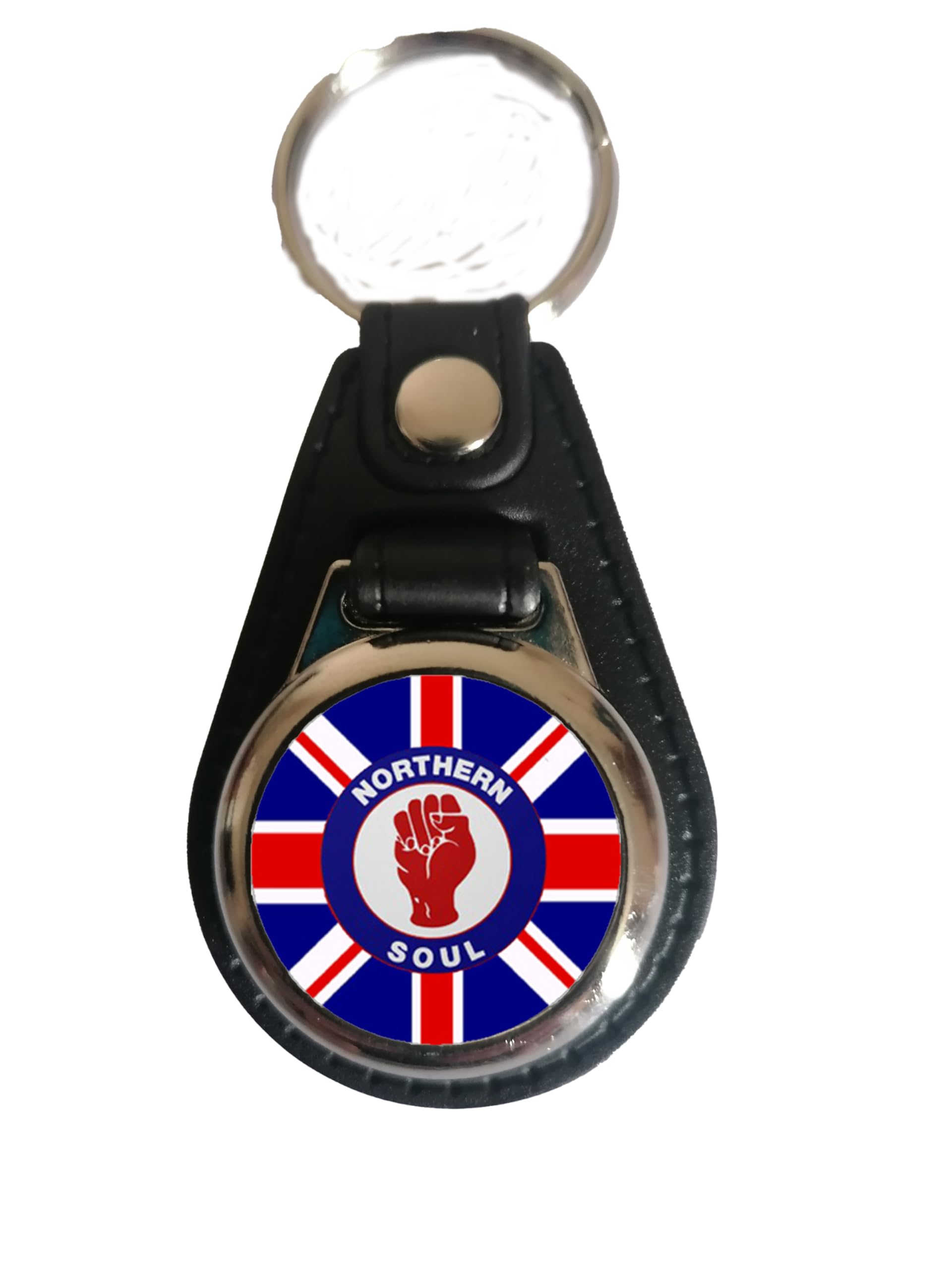 Dottsmusic Red Northern Soul - Union Jack + Raised Fist Design On Faux Leather Keyring