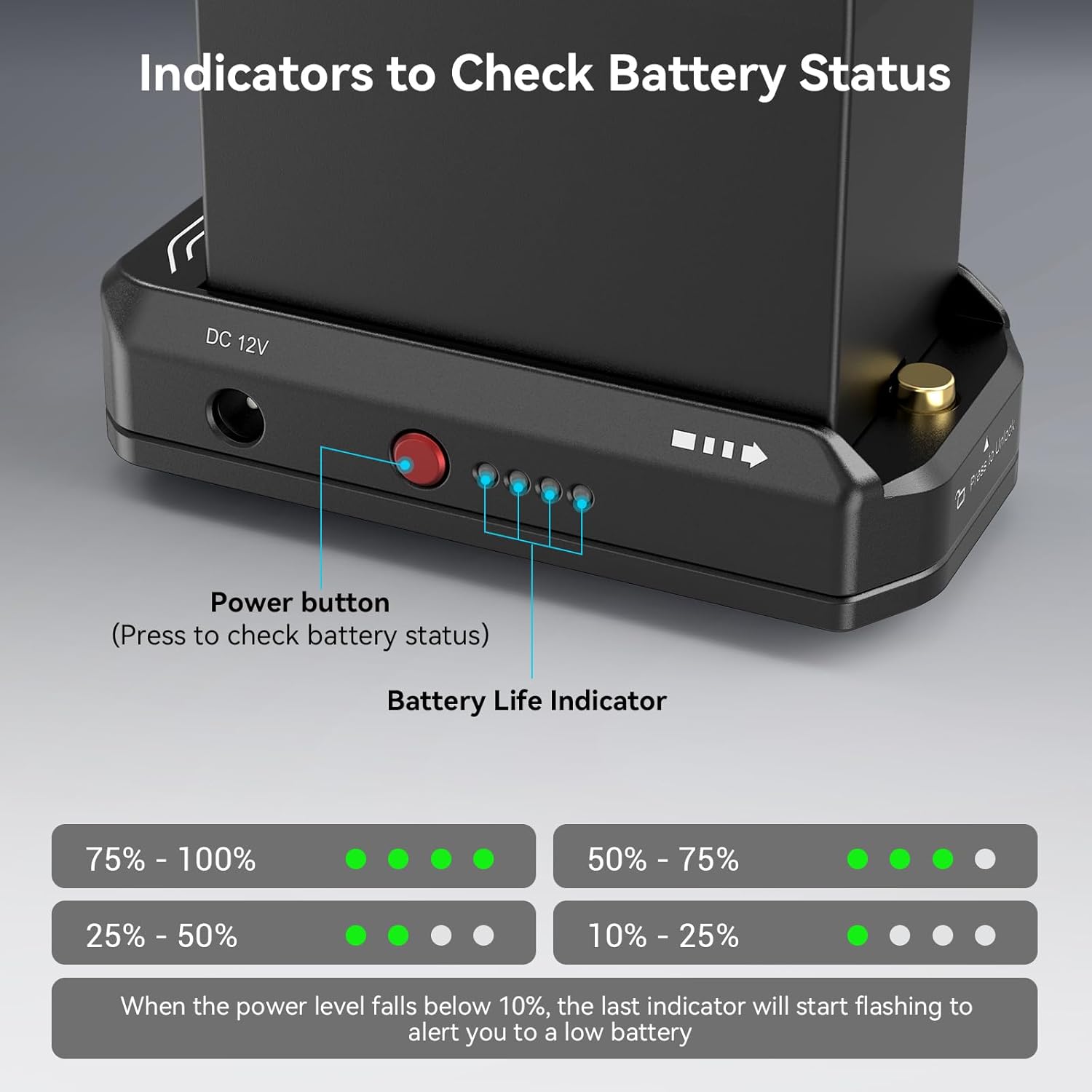 Image showing the battery life indicators on the SmallRig NP-F Battery Adapter Mount Plate, with four green LEDs indicating full charge and a red button to check status.