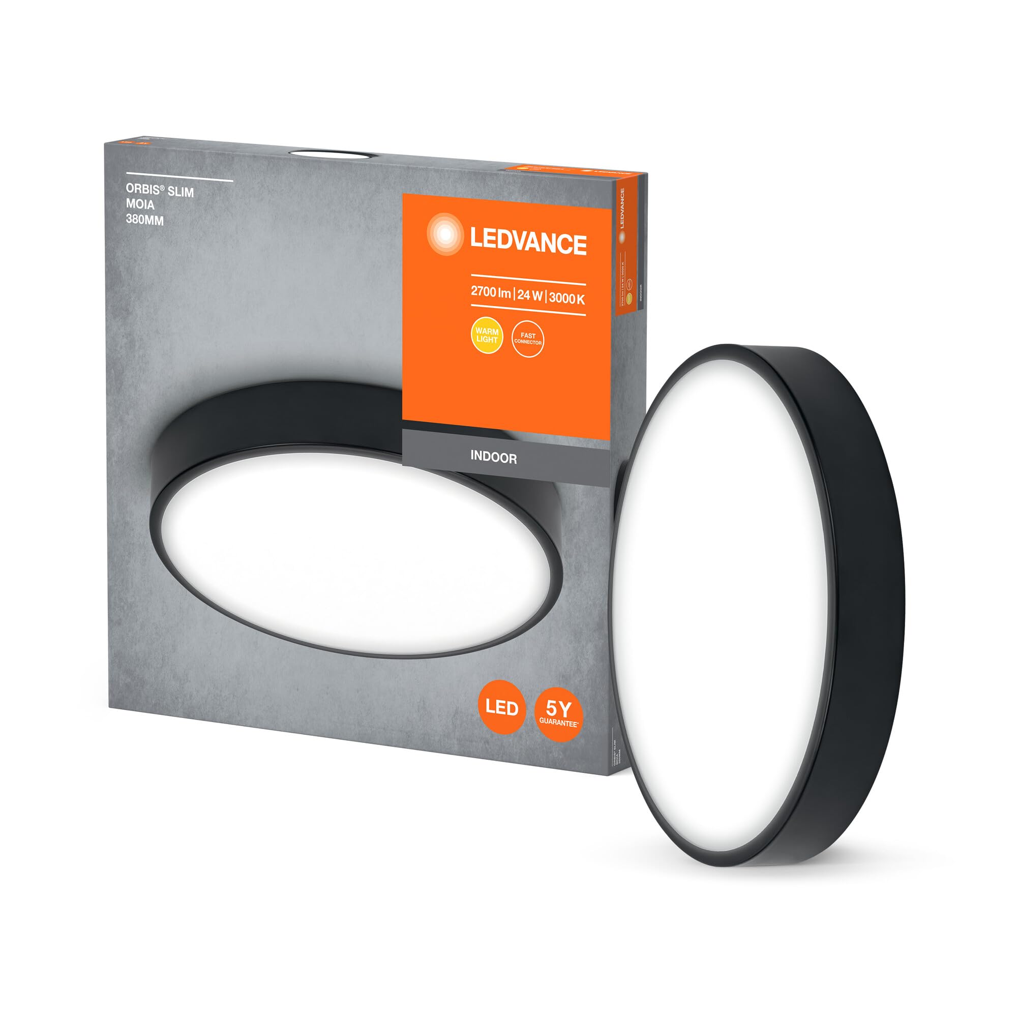 LEDVANCE Orbis Slim Moia Led Ceiling Light 380Mm, Black, 24W, 2600Lm, Warm White Light, Very Homogeneous Light Distribution, Long Life, Non-Replaceable Led Module, Round, Ip20, 3000K