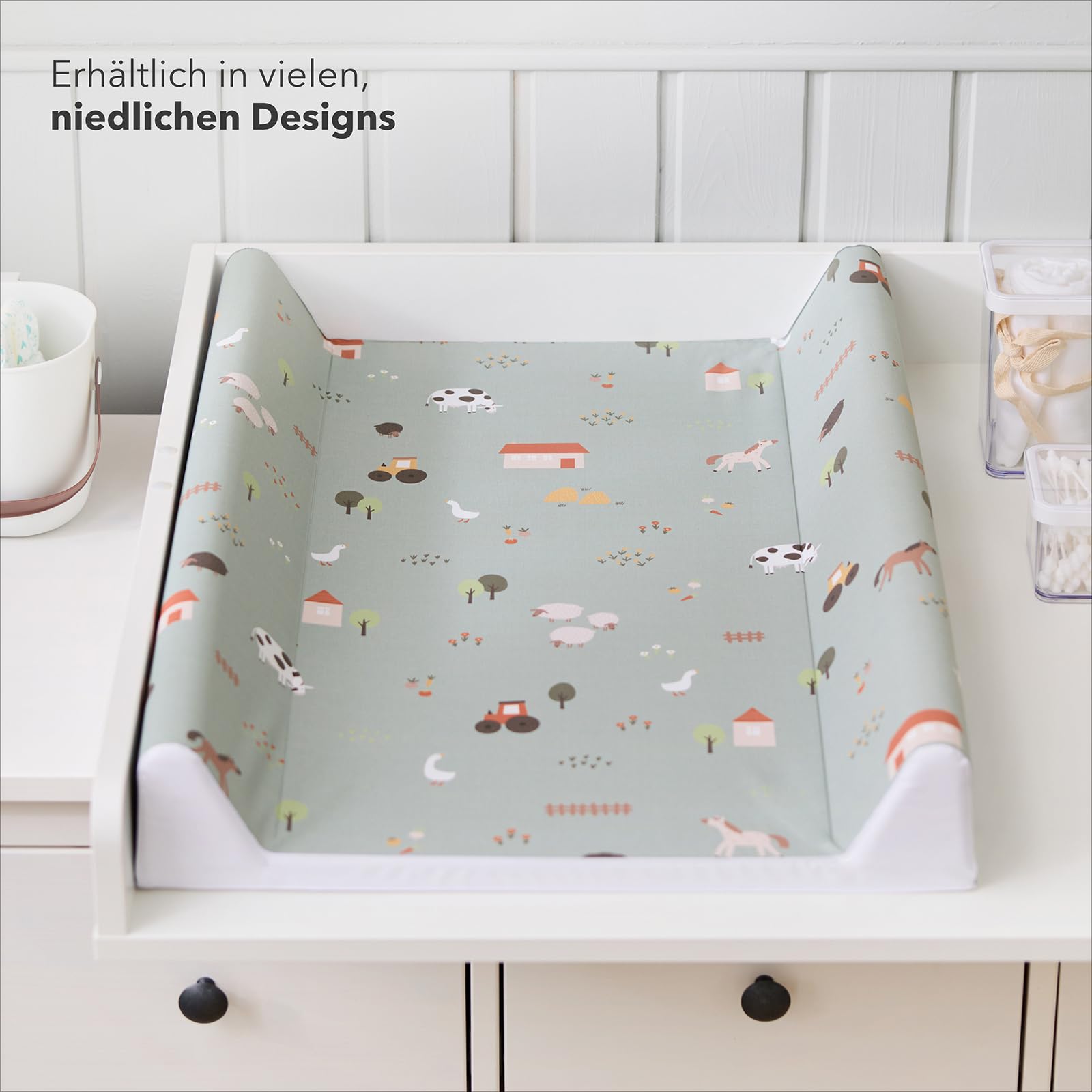 Rotho Babydesign Cambiador en Cuña 50x70 cm “Animales de la Granja” – Verde, Suave e Impermeable, Acolchado Grueso, Laterales Elevados, PVC Oeko-Tex, Fácil de Limpiar