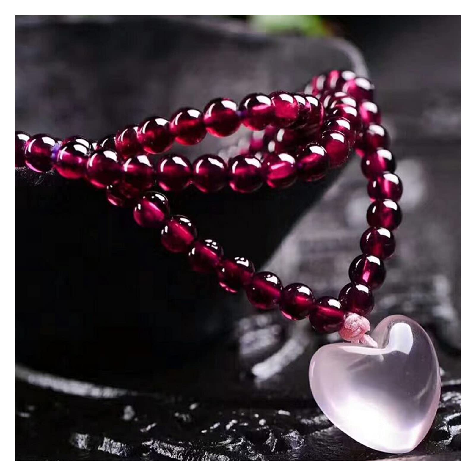CCXXYGWJ Pulseras Pulseras Piedra Granate Natural Perla Roja Vino con Colgante de corazón Rosa Pulsera para Mujer Joyas Multicapa de Cristal