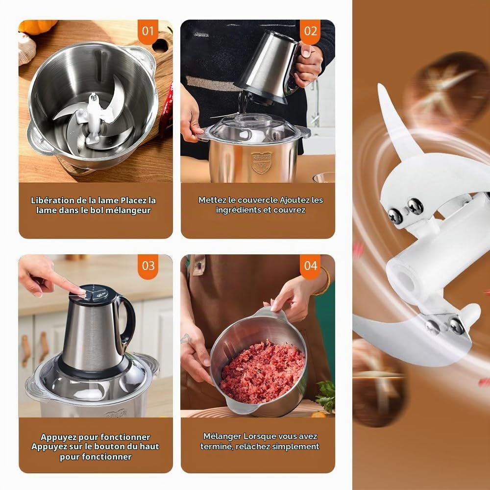 5L Hachoir Électrique 500W, Mixer Cuisine,Hachoir avec Bol en Acier Inoxydable 304, 4 Upgrade Double S-Blades, 3 Vitesses, Food Processor Idéal pour Viande, Légumes