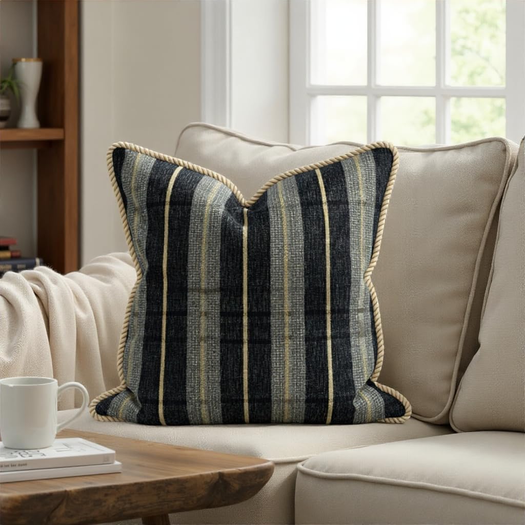 Howard Elliott Collection Roper Decorative Throw Pillow with Plaid Polyester Fabric, Removable Zipper Cover and Down Alternative Insert for Sofa or Bed, 24x24 Inch, Midnight