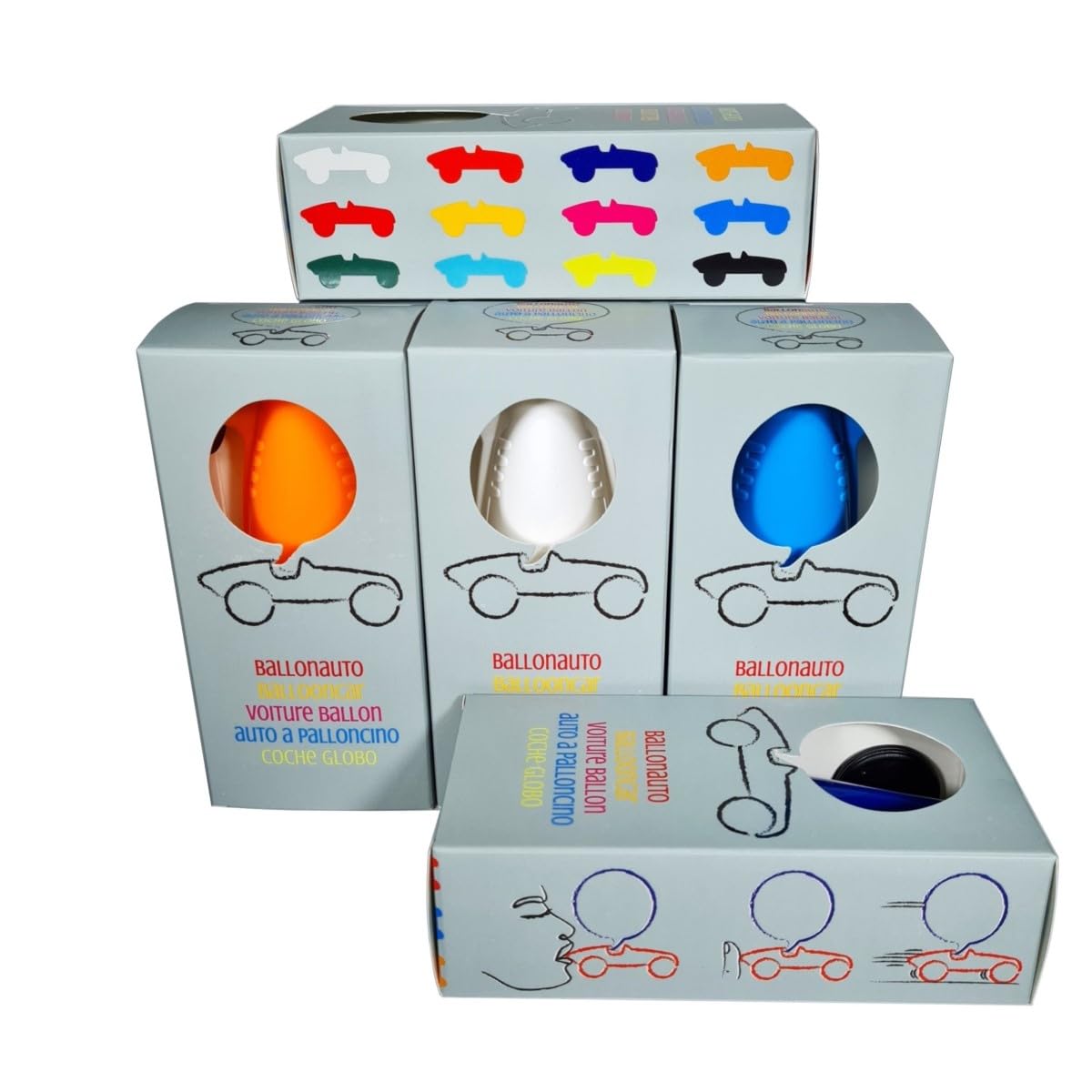 Klocke Dekorationsbedarf Ballonauto Nostalgie-Set - 12er Display Retro-Rennwagen 15x7,5 cm - Klassischer Luftballon-Antrieb - 13 Bunte Farben - Sammlerartikel & Dekoration (Ballonauto Nostalgie-Set)