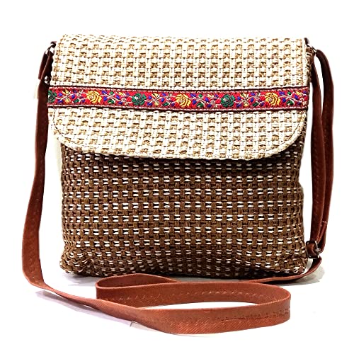Image of Ethnic Jute Sling bag /Cross body bag for women /Handmade sling bag for women Color Brown