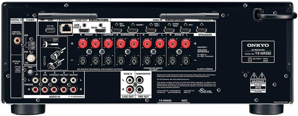 Onkyo TX-NR595 Home Audio Smart Audio and Video Receiver, Sonos Compatible and Dolby Atmos Enabled, 4K Ultra HD and AirPlay 2 (2019 Model), Black