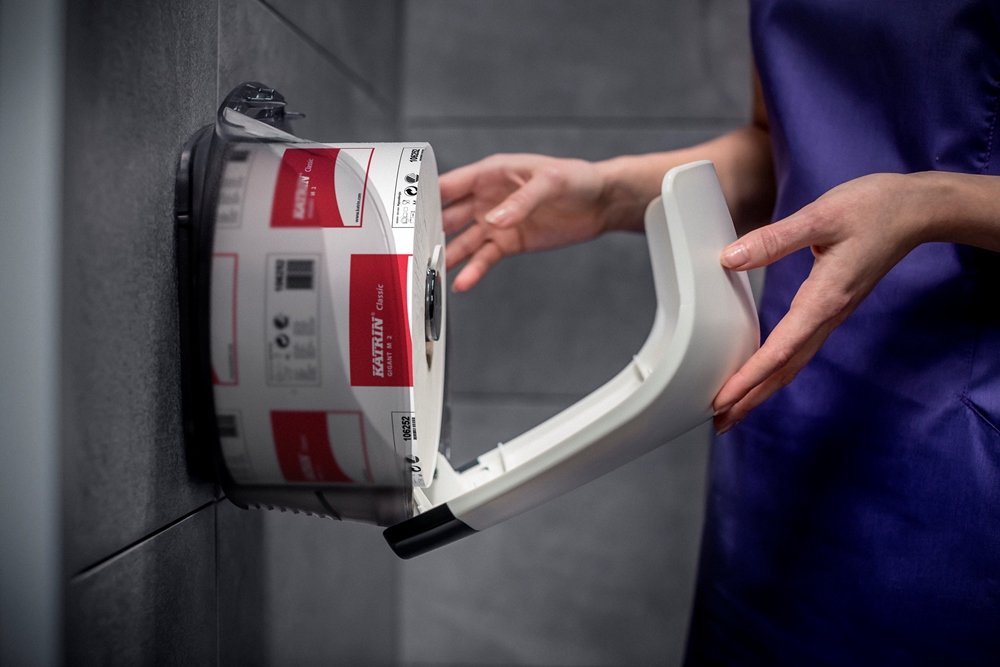 Katrin 90083 - Dispensador Gigante para rollos de papel higiénico, tamaño grande, color blanco