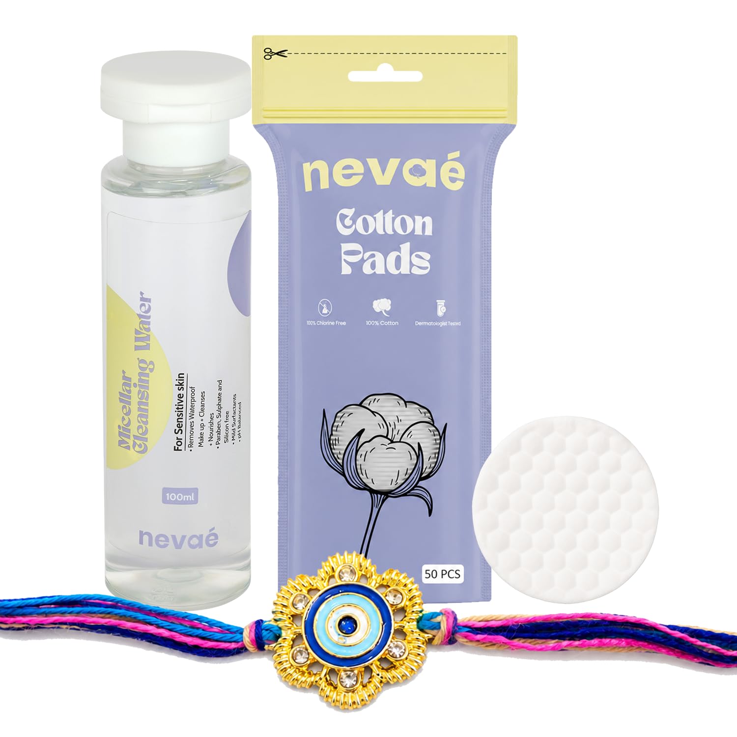 Nevae Micellar Water 100ml with 50 Pcs Cotton Pads, Premium Golden Evil Eye Rakhi Set for Brother-image-46