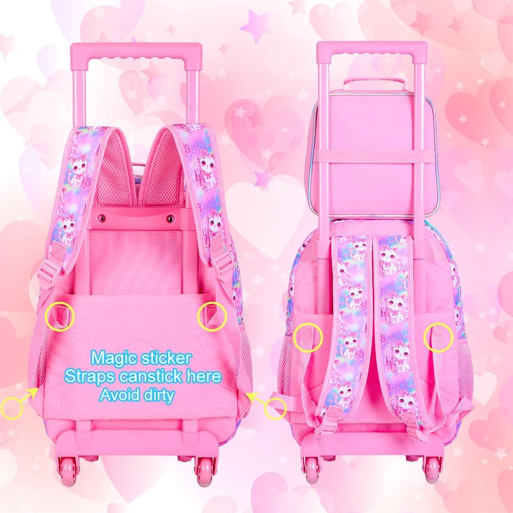 CCJPX 3PCS Rolling Backpack for Girls,Kids Cat Backpacks with Roller Wheels, Wheeled Bookbag with Lunch Box for Toddler Elementary School - Image 6