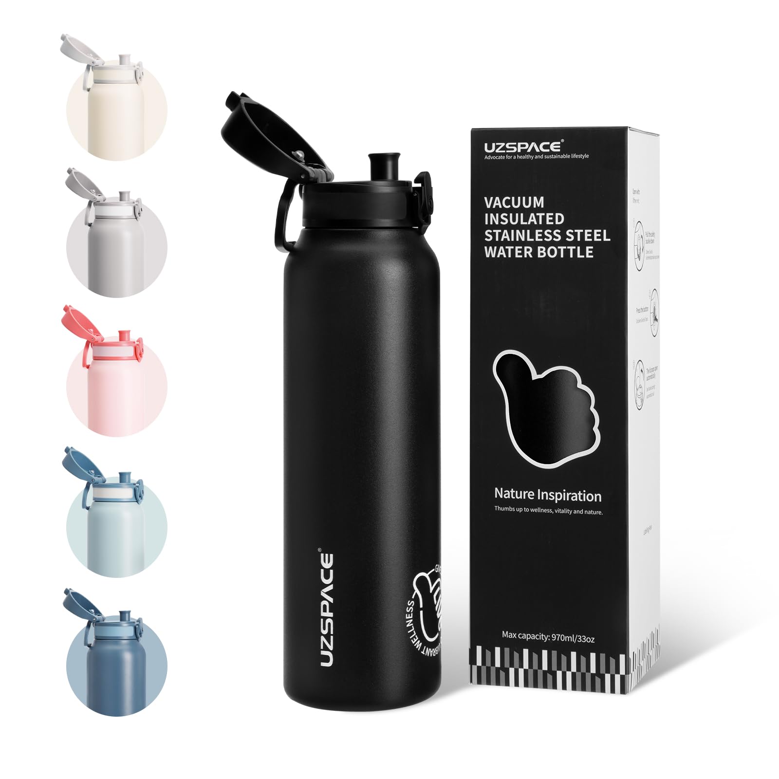 UZSPACE Stainless Steel Water Bottle 1l (970ml) - Double-Walled Insulated Water Bottles That Keep Drinks Cold & Hot - Leakproof Drinking Bottles for Adults - Ideal for Outdoors & Sports Night Black โ image 1