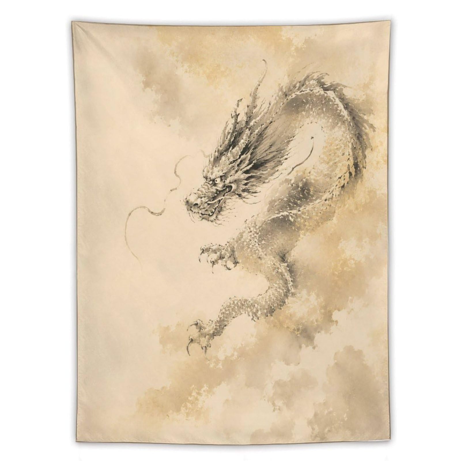 W7C8U2X3 Ink Dragon Cloud Wall Tapestry, Asian Ink Style, College Dorm