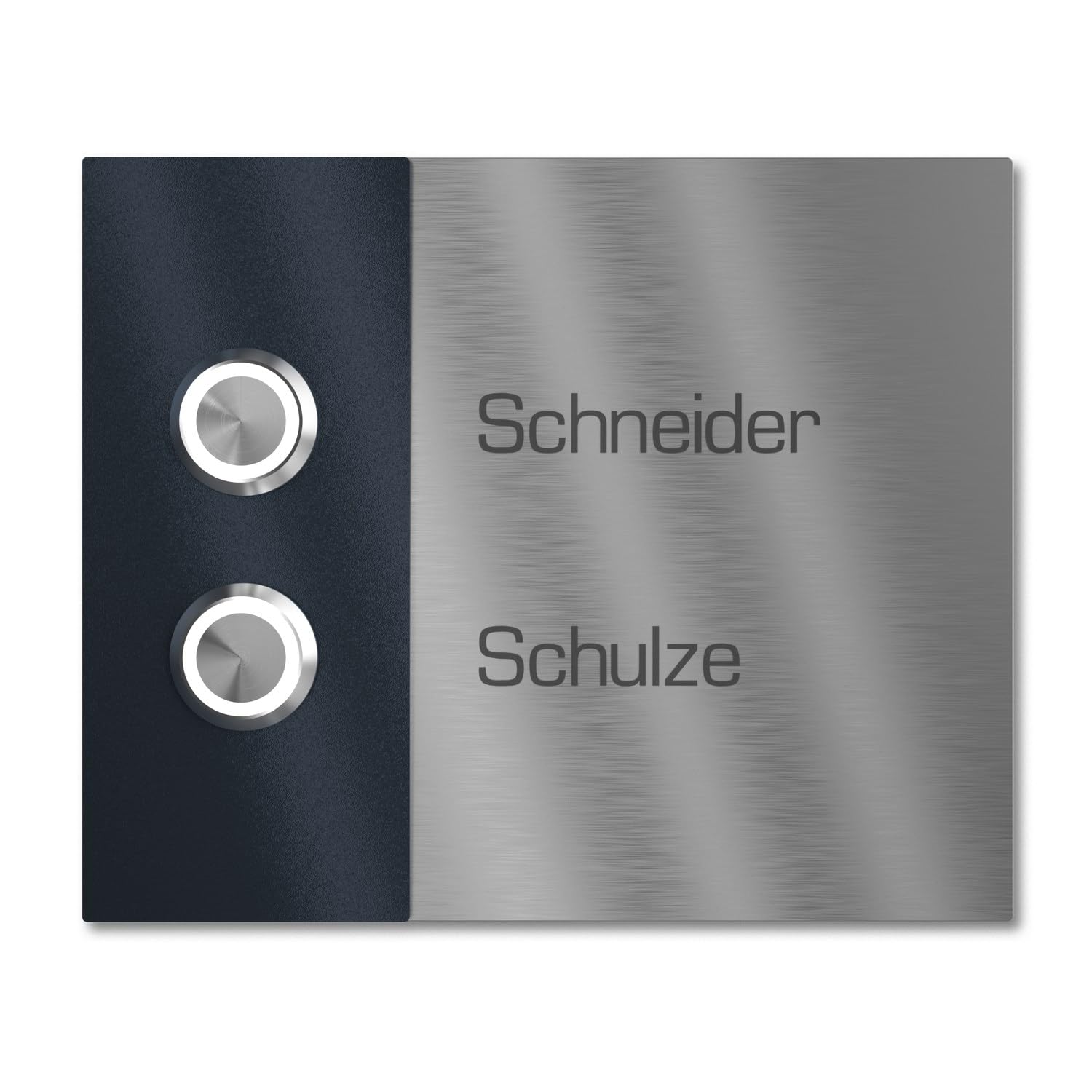 Zweifamilienhaus Klingel mit LED Klingeltaster 2 Namen Gravur - V2A Edelstahl Türklingel 140x115 mm - Unterputz wählbar Aufputz für Mehrfamilienhaus 2-fach