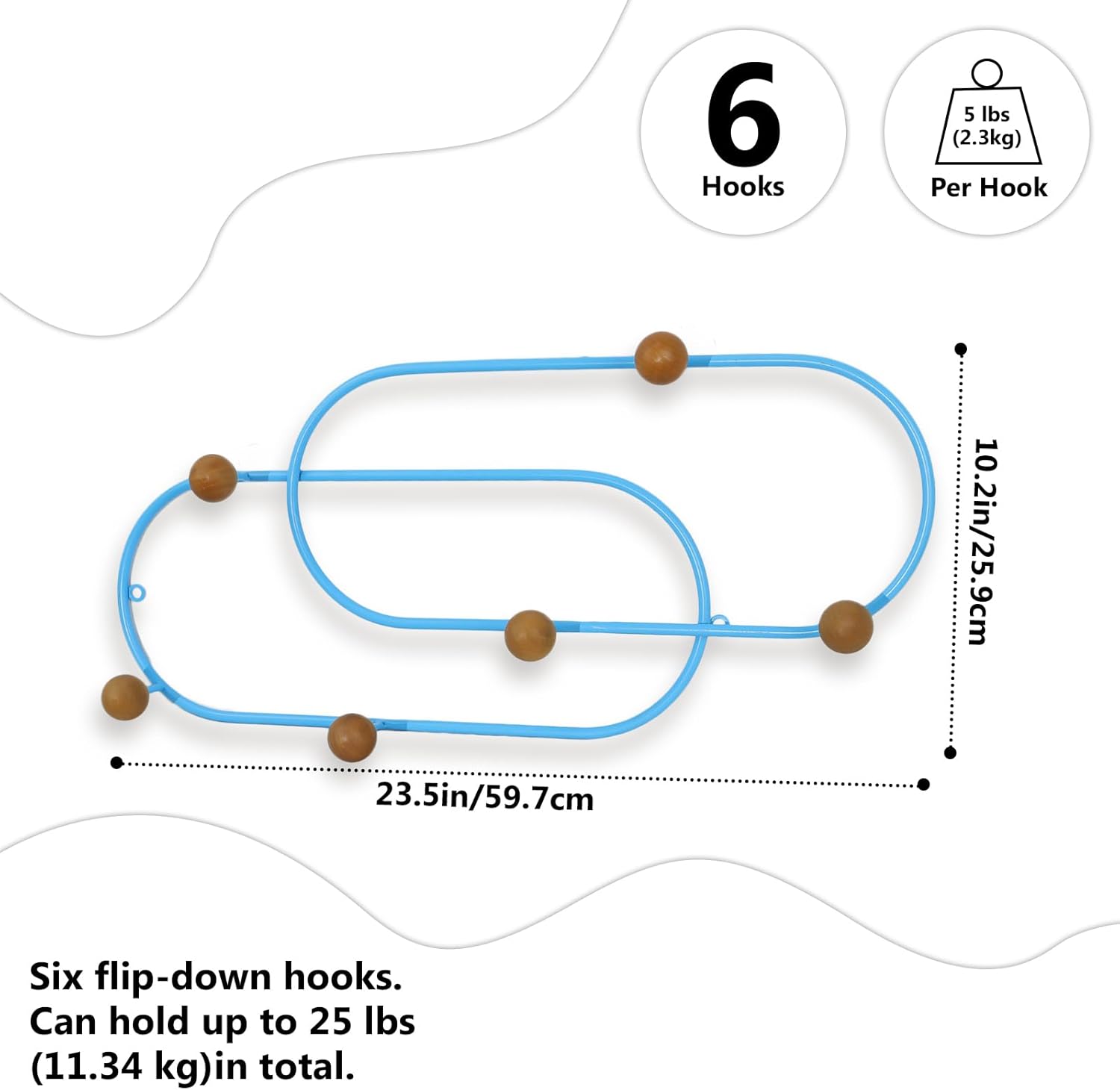 Multifunction Wall Mounted Unit with Coat Hat Rack Hooks and Metal Necklace Holder (Blue, 23.62” L × 11.22” W(6-Hook))