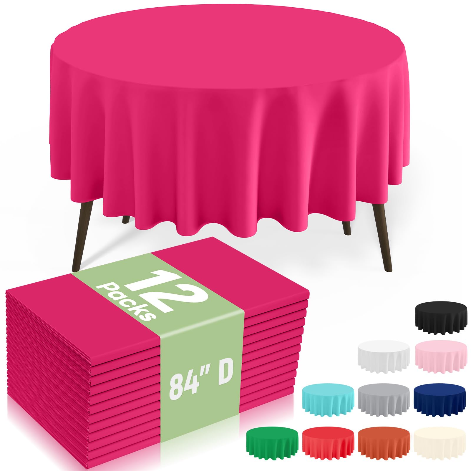 misaya 12 Packs Disposable Plastic Table Cloth, 84" Round Waterproof Tablecloth, Leakproof &amp; Sturdy Decorative Table Covers for Picnic, Party, Outdoor and Back to School, Hot Pink
