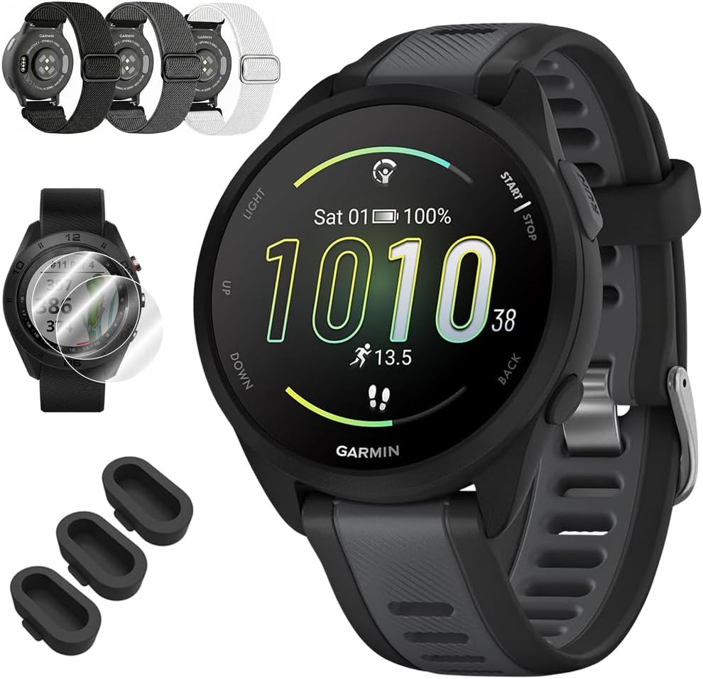Forerunner 165 Smart Sport Watch, Black + Slate Gray 010-02863-20 Bundle with Deco Essentials 3X Nylon Elastic Bands, 3X Silicone Dust Cover and 2X Screen Protector