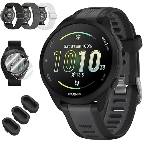 Garmin Forerunner 165 Smart Sport Watch, Black + Slate Gray 010-02863-20 Bundle with Deco Essentials 3X Nylon Elastic Bands, 3X Silicone Dust Cover and 2X Screen Protector