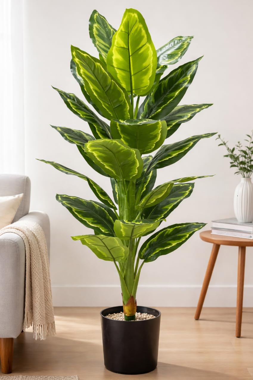 Kaykon Big Artificial Plant Dieffenbachia Tree for Home Decor Without Pot 21 Big Leaves - 5 Feet/60 inch (Green)-image-38
