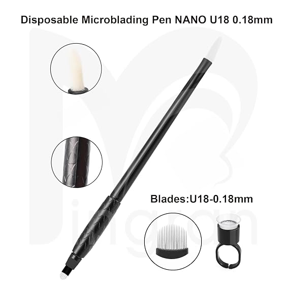 10pcs Disposable Microblading Pen Nano 0.18mm Blades with Pigment Sponge and Ring Disposable Sterile Microblades (U18 Nano 0.18mm)