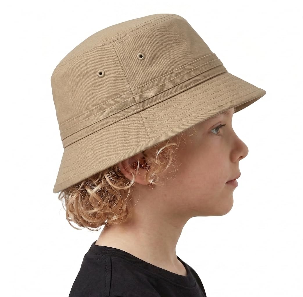 MagicPop Kids Cotton Bucket Hat | Breathable Summer Cap for Boys & Girls | UV Sun Protection Wide Brim Hat | Outdoor Beach Travel Hat for Children (4–12 Years) (in, Age, 4 Years, 8 Years, Beige) 1
