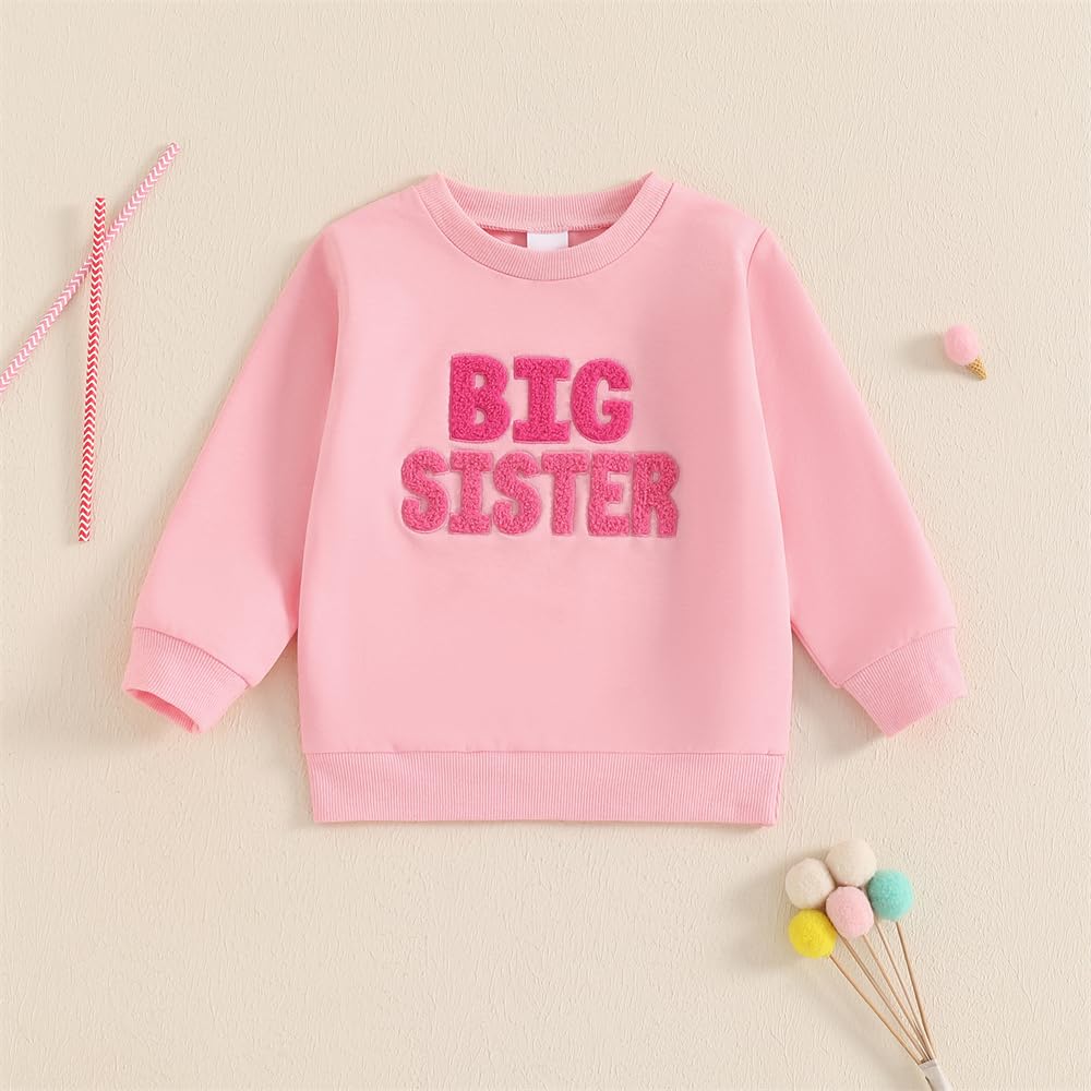 FIOMVA Little Sister Newborn Outfit Baby Girl Bubble Romper Sweatshirt Big Sister Matching Outfits Infant Fall Clothes (B Big Sister Pink,3-4T)