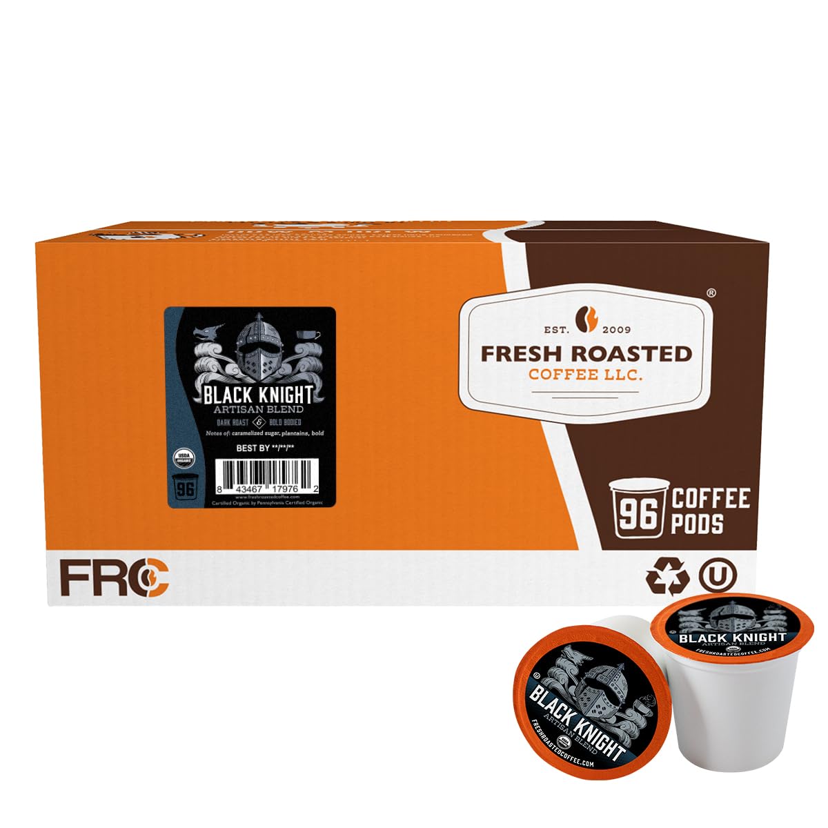 Fresh Roasted Coffee, Organic Black Knight | USDA, Kosher | Dark Roast 96 Pods for K Cup Brewers