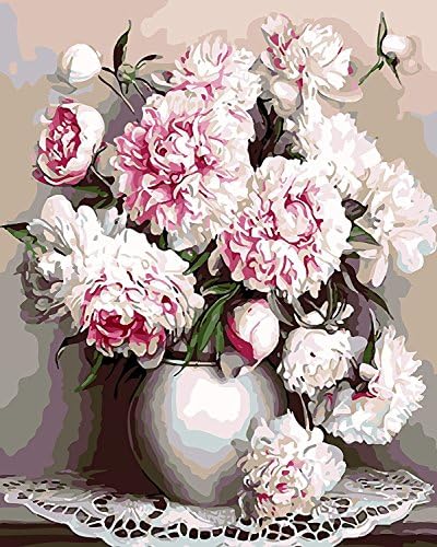 DIY Paint by Number Kits, Paint by Numbers for Adults with Canvas Brush, Pink Peony 16x20inch