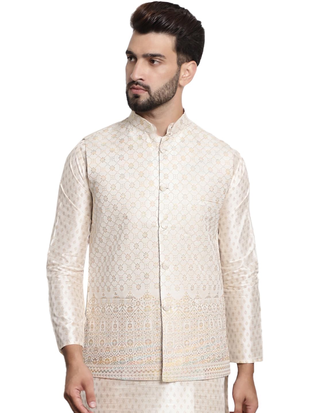 sojanya (Since 1958 Men's Jacquard Silk, Nehru Jacket with traditional Work On Bottom-picture-12
