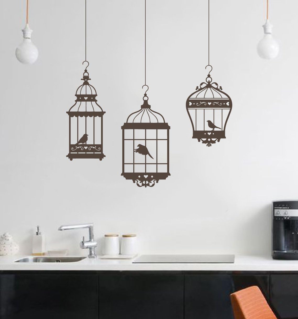 Pretty Birds in 3 Hanging Birdcages Vinyl Wall Decal Stickers Removable Decorative Graphic Transfers (White, 24x18 inches)