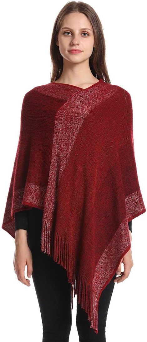 Women's Elegant Knitted Shawl Poncho with Fringed V-Neck Striped Sweater Pullover Cape Gifts for Women Mom - Image 4