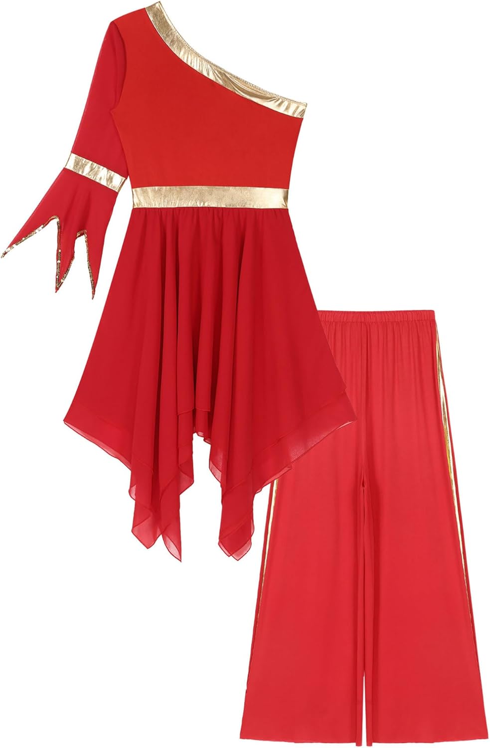 Womens Worship Dance One Shoulder Flared Sleeve Praise Dress with Wide-Leg Pants Liturgical Dance 2PCS Outfit