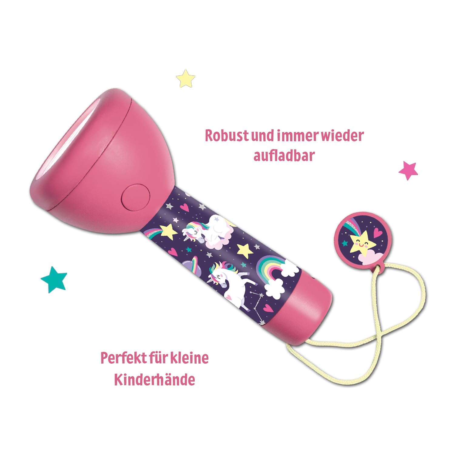 moses. Einhorn Taschenlampe, kompakte und robuste Kindertaschenlampe mit 4 LEDs, wiederaufladbare Akku Taschenlampe mit Deko-Anhänger, Geschenk für Kinder ab 4 Jahren, Pink