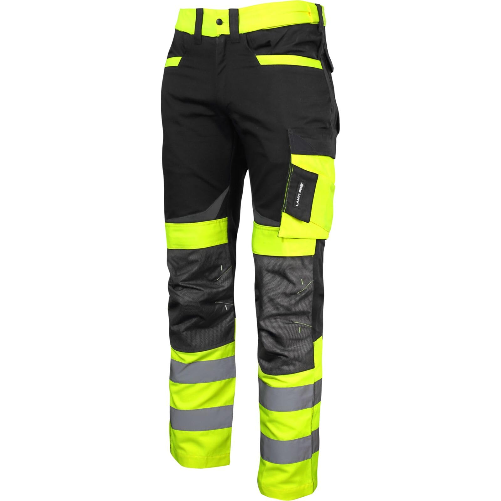 Pantalón de visibilidad negro y amarillo XL Lahti CE que soluciona la falta de protección en obras oscuras