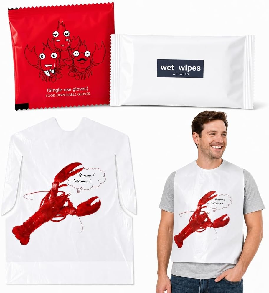 150 Pack Lobster Bibs Set, Disposable Waterproof Crawfish Party Supplies | Includes 50 Bibs, 50 Gloves&50 Wet Wipes, Crawfish Print Leakproof Plastic Bibs for Seafood Boil,Crab Feast&Themed Parties