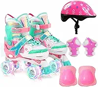 Patins Infantil de 4 Rodas Ajustável Rodinha Led Sereia Com Kit Proteção