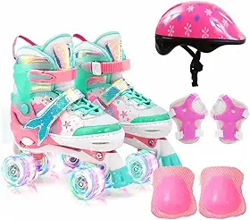 Patins Infantil de 4 Rodas Ajustável Rodinha Led Sereia Com Kit Proteção