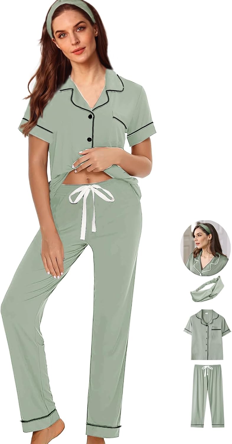 3Pcs Soft Pajama Sets For Women XS-XXL Womens Pajamas Set Sleepwear Button Down Short Sleeve Long Pants Pj sets