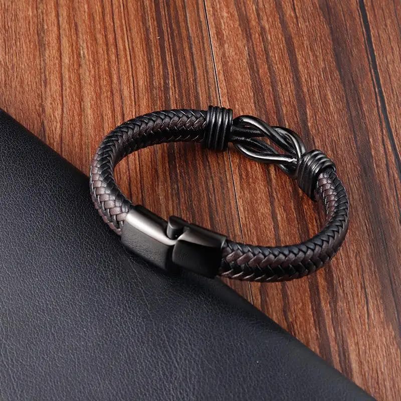 Image of THE MEN THING Leather Bracelet for Men - American Style Genuine Leather Multi-Layer Braided Bracelet with 100% Stainless Steel Magnetic Buckle for Men & Boys (8 inch)