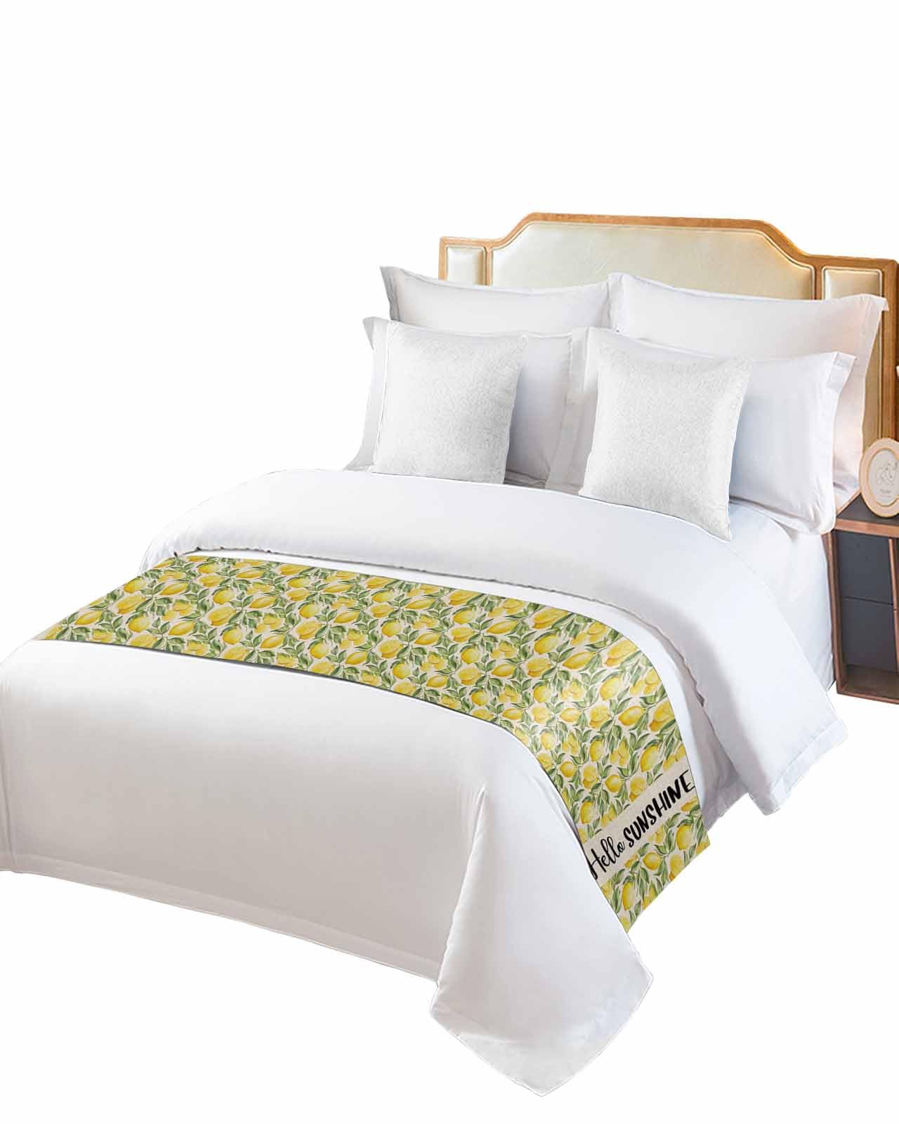 Full Bed Runner Watercolor Lemon Leaves on Linen Bedding Runner Scarves Decorative Bed Scarf, Hello Summer Quote Soft Bed Runners for Bedroom Hotel Wedding 83x20IN